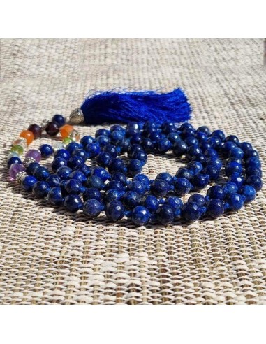 Mala-Halskette mit 7 Chakren aus Lapislazuli - 108 facettierte 8 mm AA-Perlen le des métaux précieux